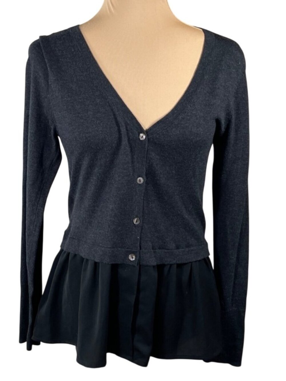 Lilla P Cardigan Sweater Peplum Hem Charcoal Size XS Extra Small V-Neck